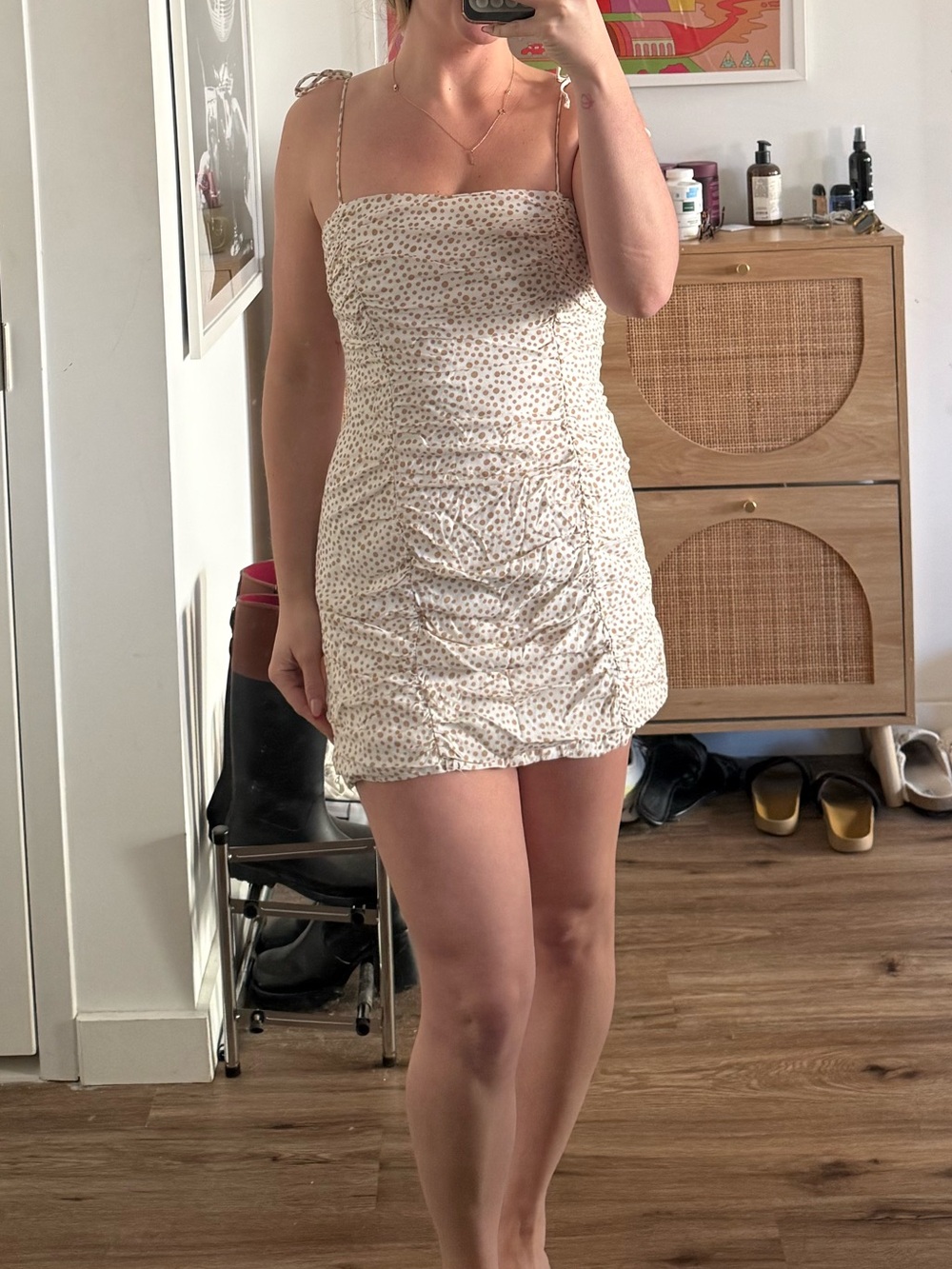 Polka Dot Ruched Dress in Cream